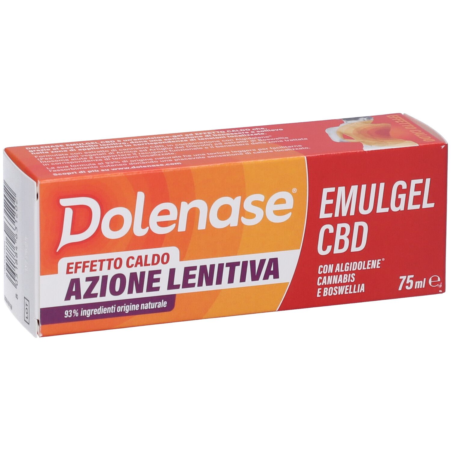 Confezione Emulgel CBD. Scatola arancione-rossa con nome del prodotto e informazioni. 75ml.