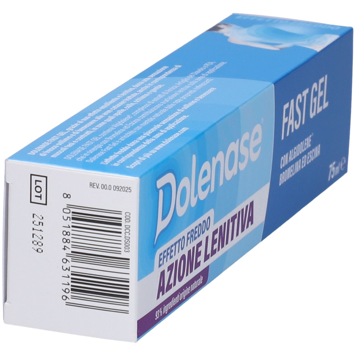 Scatola blu e bianca. Scritto: Dolenase, FAST GEL, Azione Lenitiva. Codice a barre e numero di lotto.
