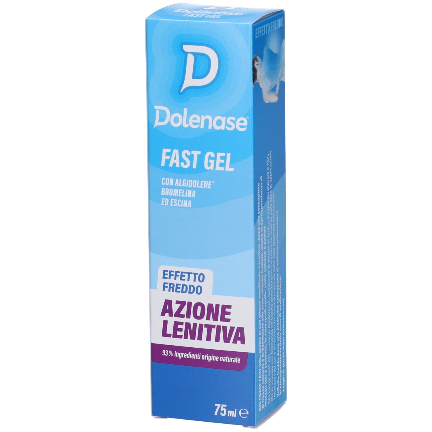 Scatola blu. Scritto: Dolenase, FAST GEL, Azione Lenitiva. 75ml.