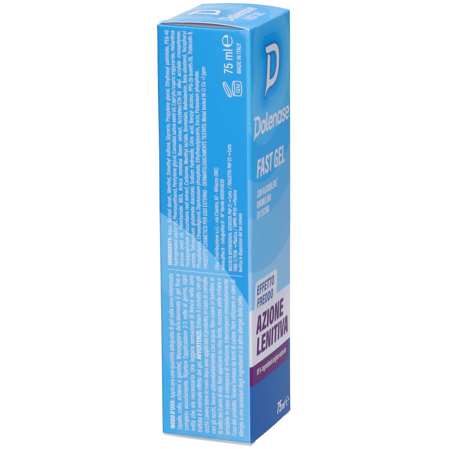 Scatola blu con testo. Scritto: Dolenase, FAST GEL, Azione Lenitiva. 75ml. Elenco ingredienti.