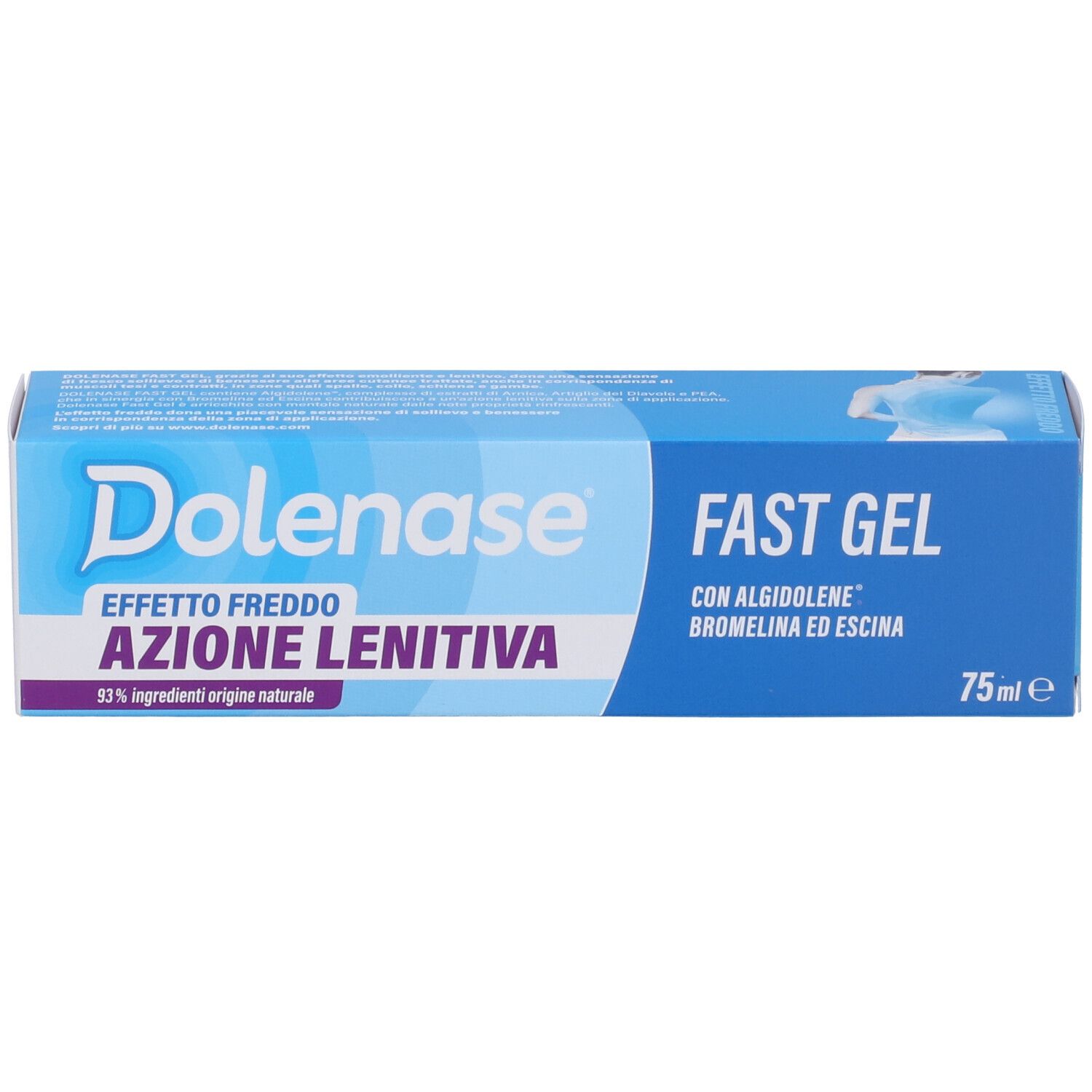 Scatola blu. Scritto: Dolenase, FAST GEL, Azione Lenitiva. 75ml.