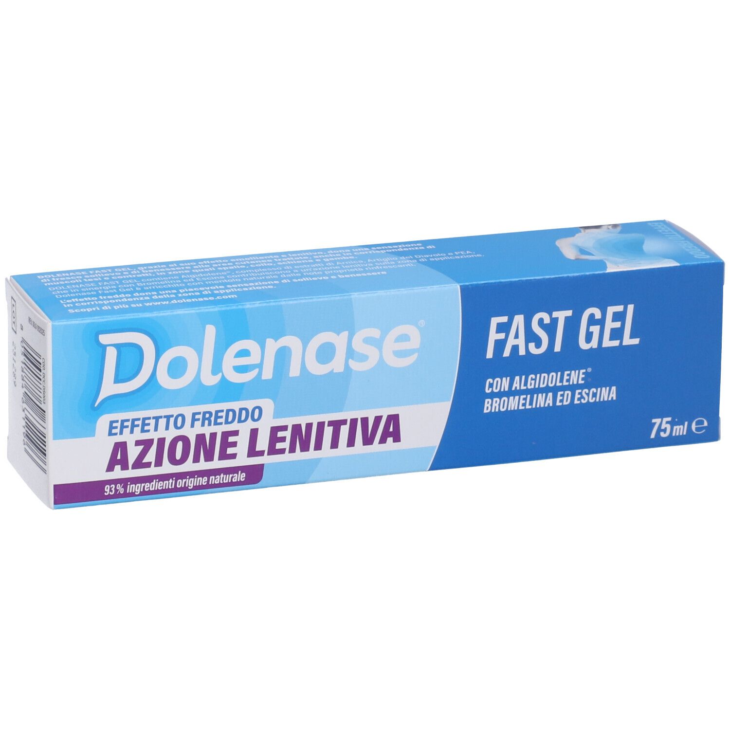 Scatola blu. Scritto: Dolenase, FAST GEL, Azione Lenitiva. 75ml.