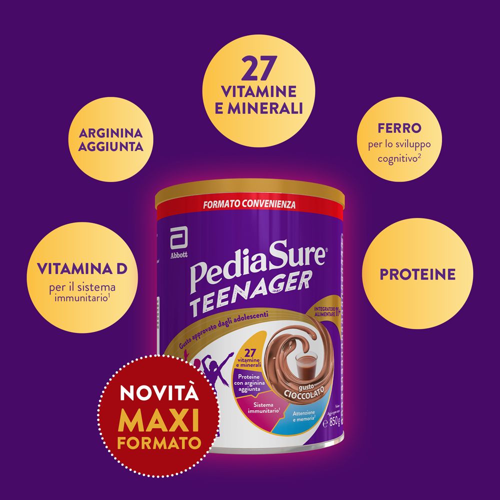 PediaSure Teenager gusto cioccolato con vitamine e minerali.