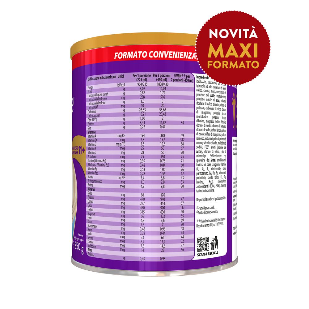 Retro di una lattina Ensure Advance con tabella nutrizionale e indicazioni.