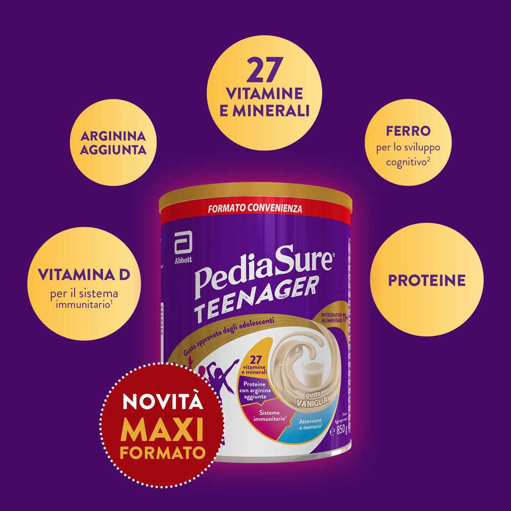 Lattina PediaSure Teenager con informazioni su vitamine, minerali e proteine.