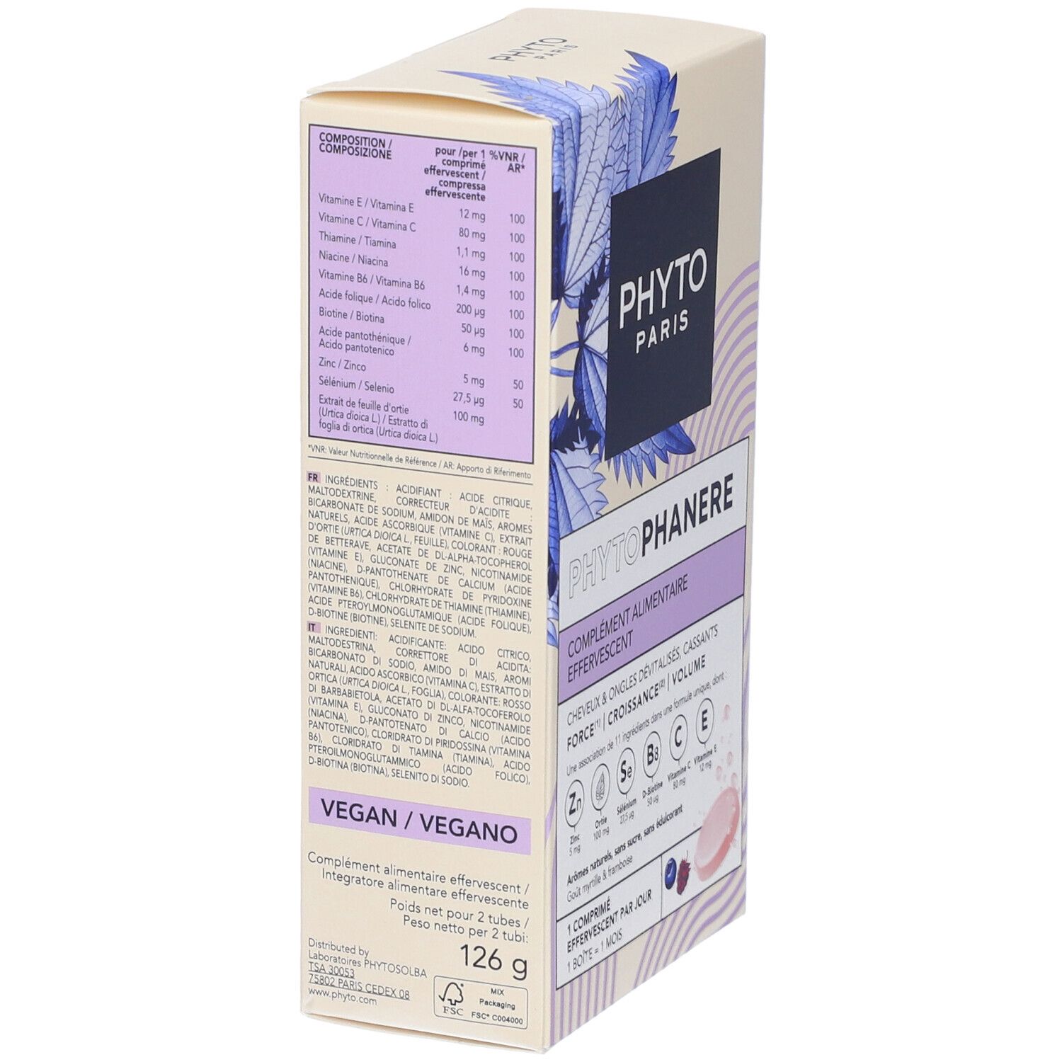 Scatola PHYTOPHANERE, retro. Ingredienti e informazioni nutrizionali. Logo vegano. Peso: 126 g.