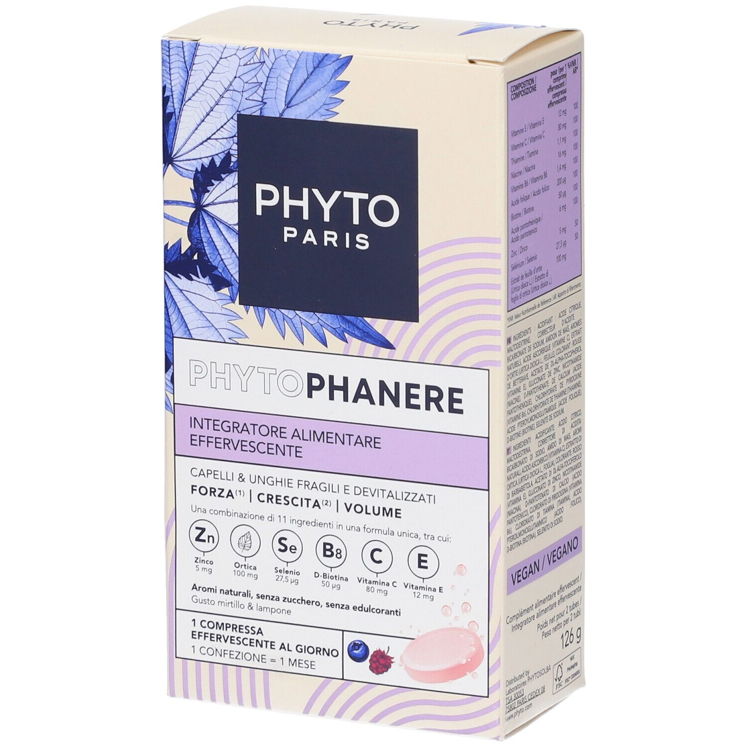 Scatola PHYTOPHANERE. Scritta: INTEGRATORE ALIMENTARE EFFERVESCENTE. Contiene vitamine e minerali. Design blu e viola.