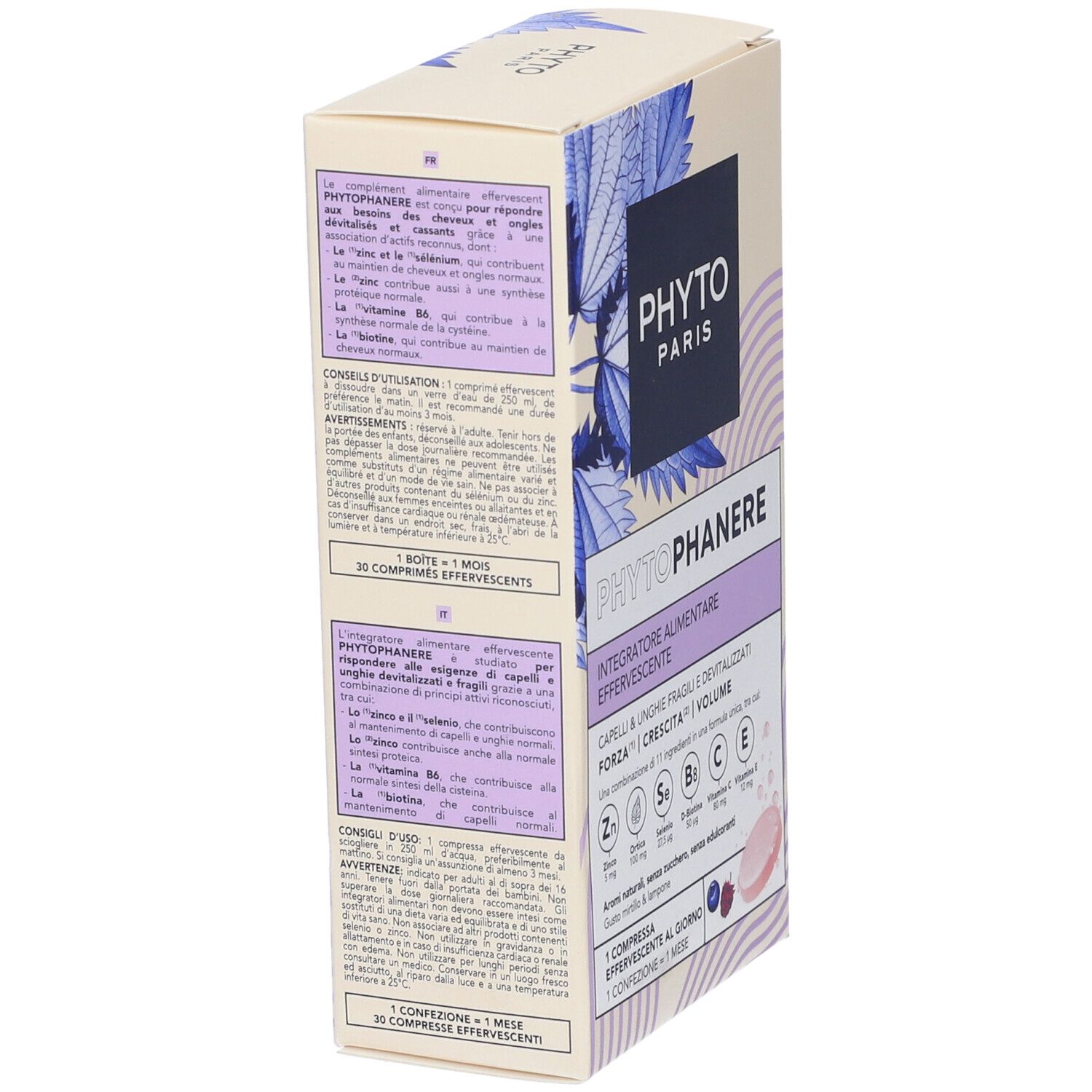 Scatola PHYTOPHANERE, lato. Testo sugli ingredienti e l'uso. Design blu e viola.