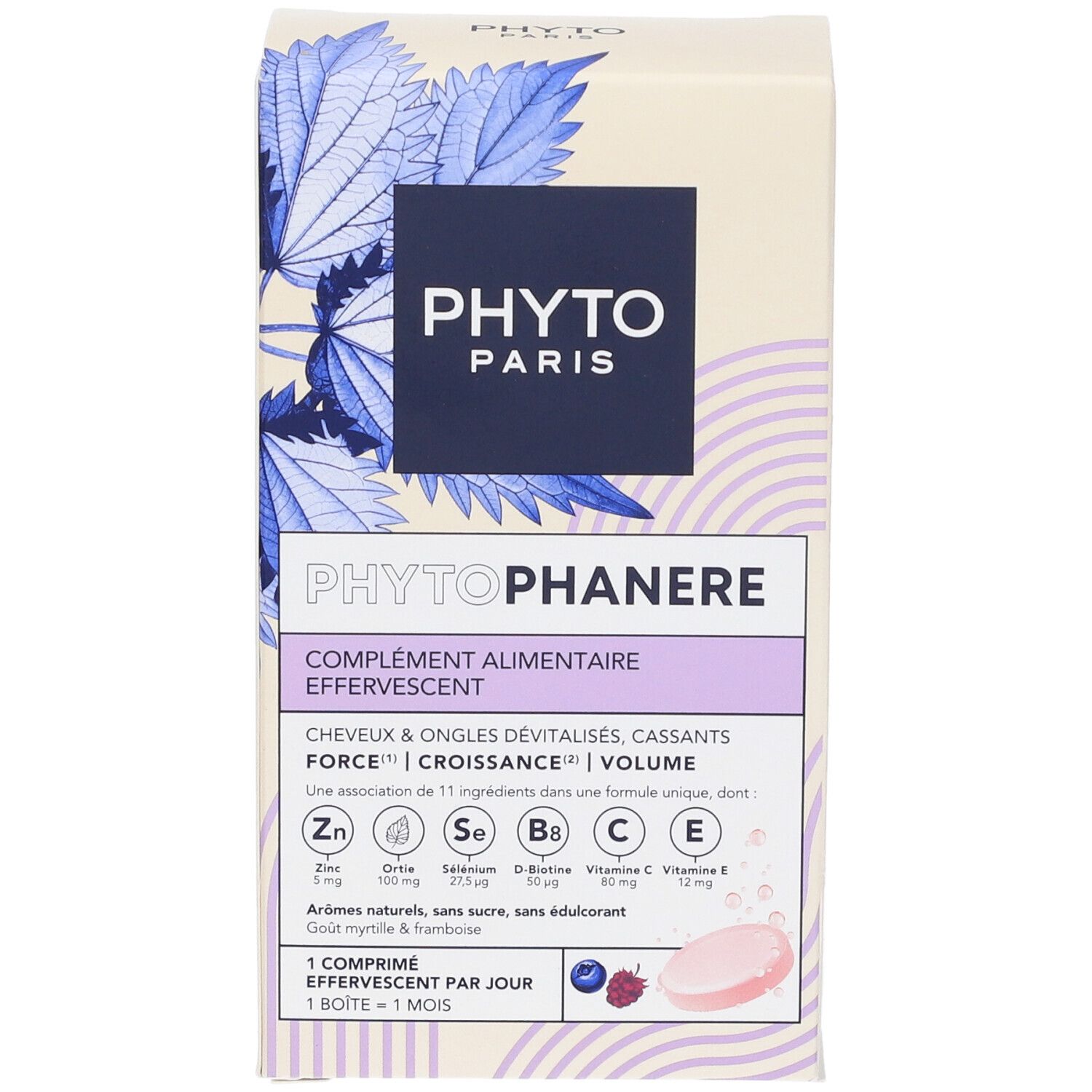 Scatola PHYTOPHANERE. Scritta: COMPLEMENTO ALIMENTARE EFFERVESCENTE. Contiene vitamine e minerali. Design blu e viola.