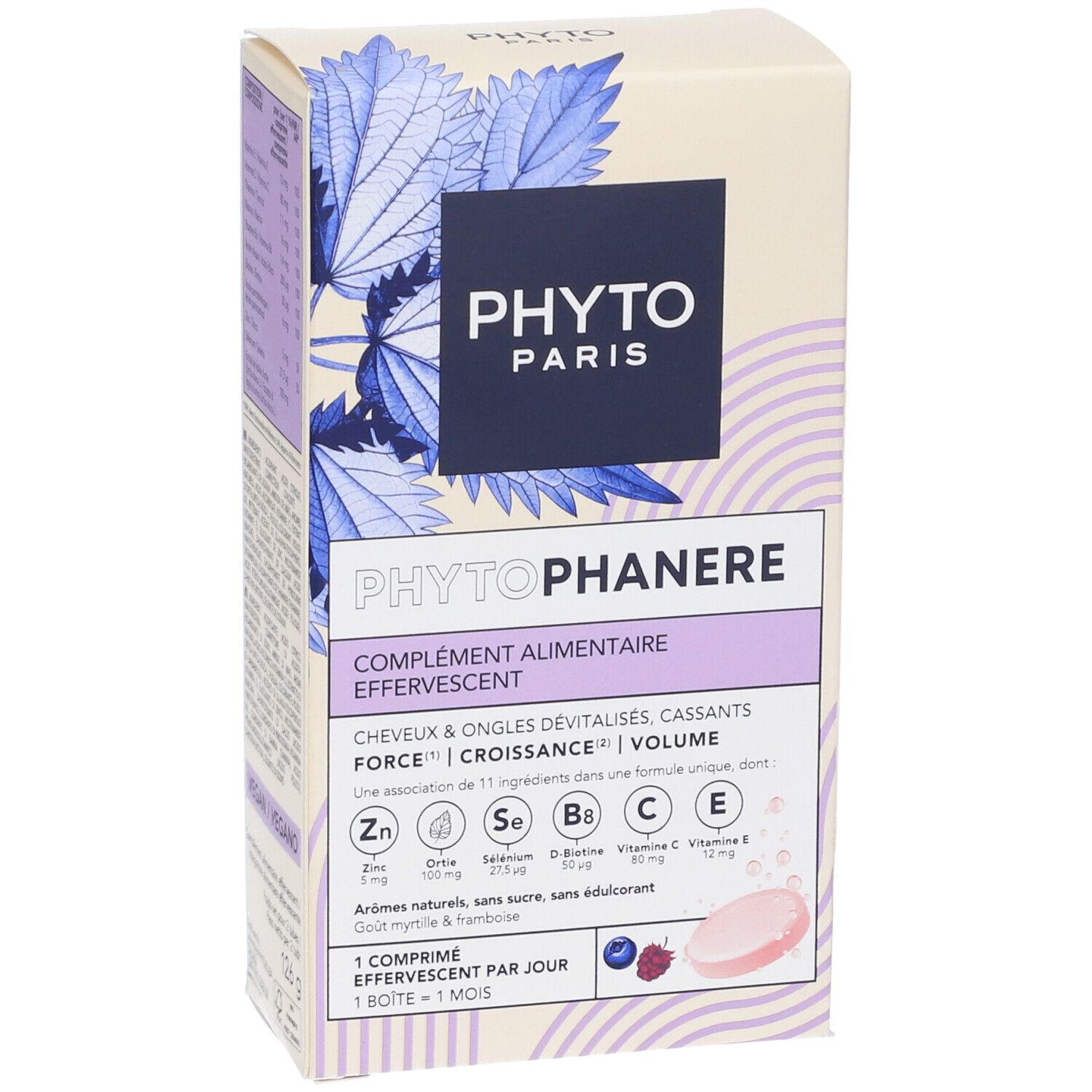 Scatola PHYTOPHANERE. Scritta: COMPLEMENTO ALIMENTARE EFFERVESCENTE. Contiene vitamine e minerali. Design blu e viola.