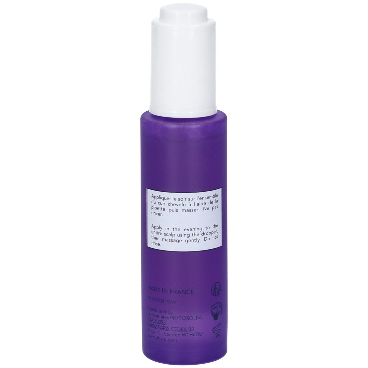 Flacone viola con tappo bianco. Retro con testo in inglese e francese. Prodotto in Francia.