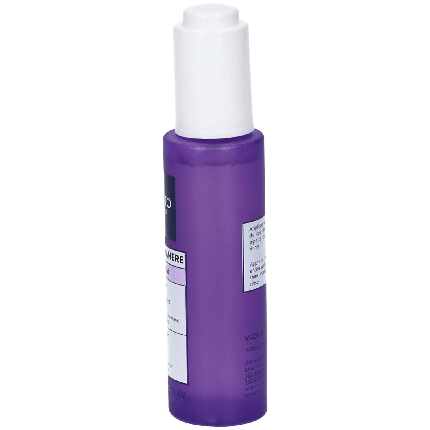 Flacone viola con tappo bianco. Retro con testo in inglese e francese. Prodotto in Francia.