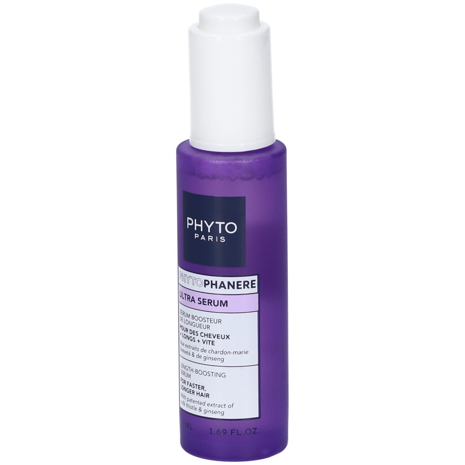 Flacone viola con tappo bianco. Scritta: PHYTOPHANÈRE ULTRA SERUM. Testo in inglese e francese.