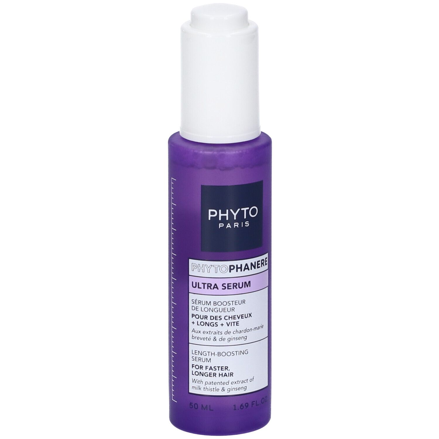 Flacone viola con tappo bianco. Scritta: PHYTOPHANÈRE ULTRA SERUM. Testo in inglese e francese.