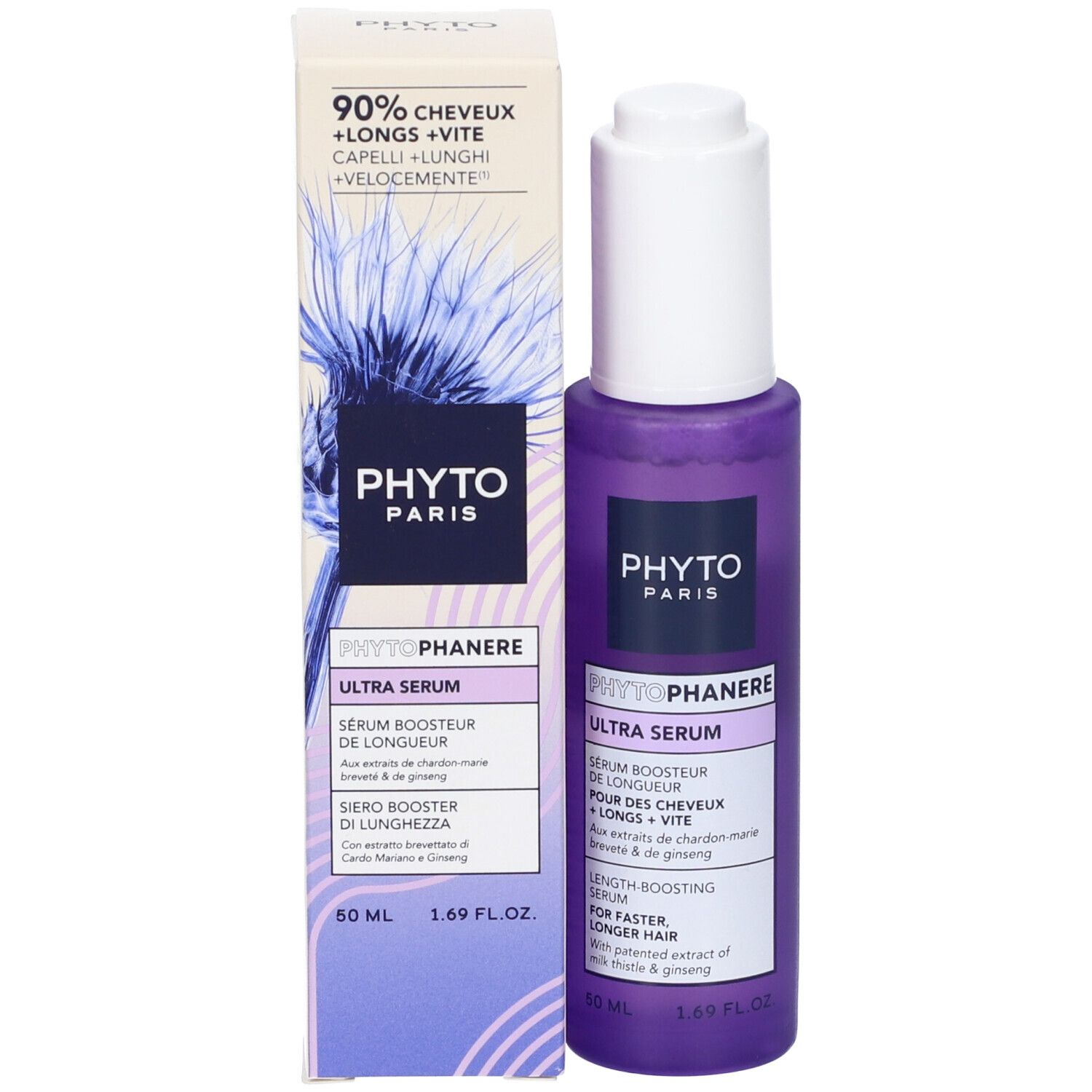 Confezione e flacone. Scritta: PHYTOPHANÈRE ULTRA SERUM. Testo in inglese, francese e italiano.