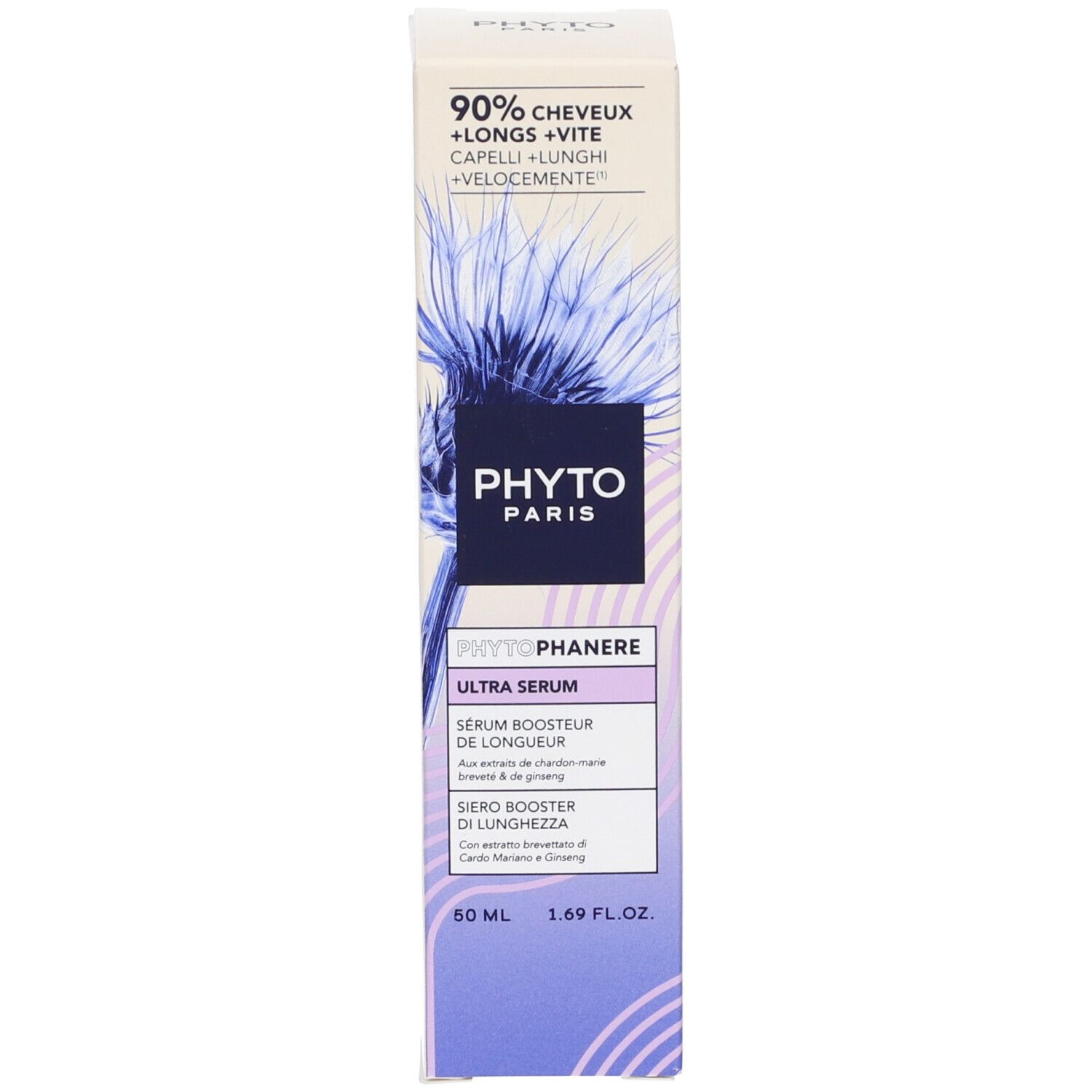 Confezione del prodotto. Scritta: PHYTOPHANÈRE ULTRA SERUM. Testo in inglese, francese e italiano.