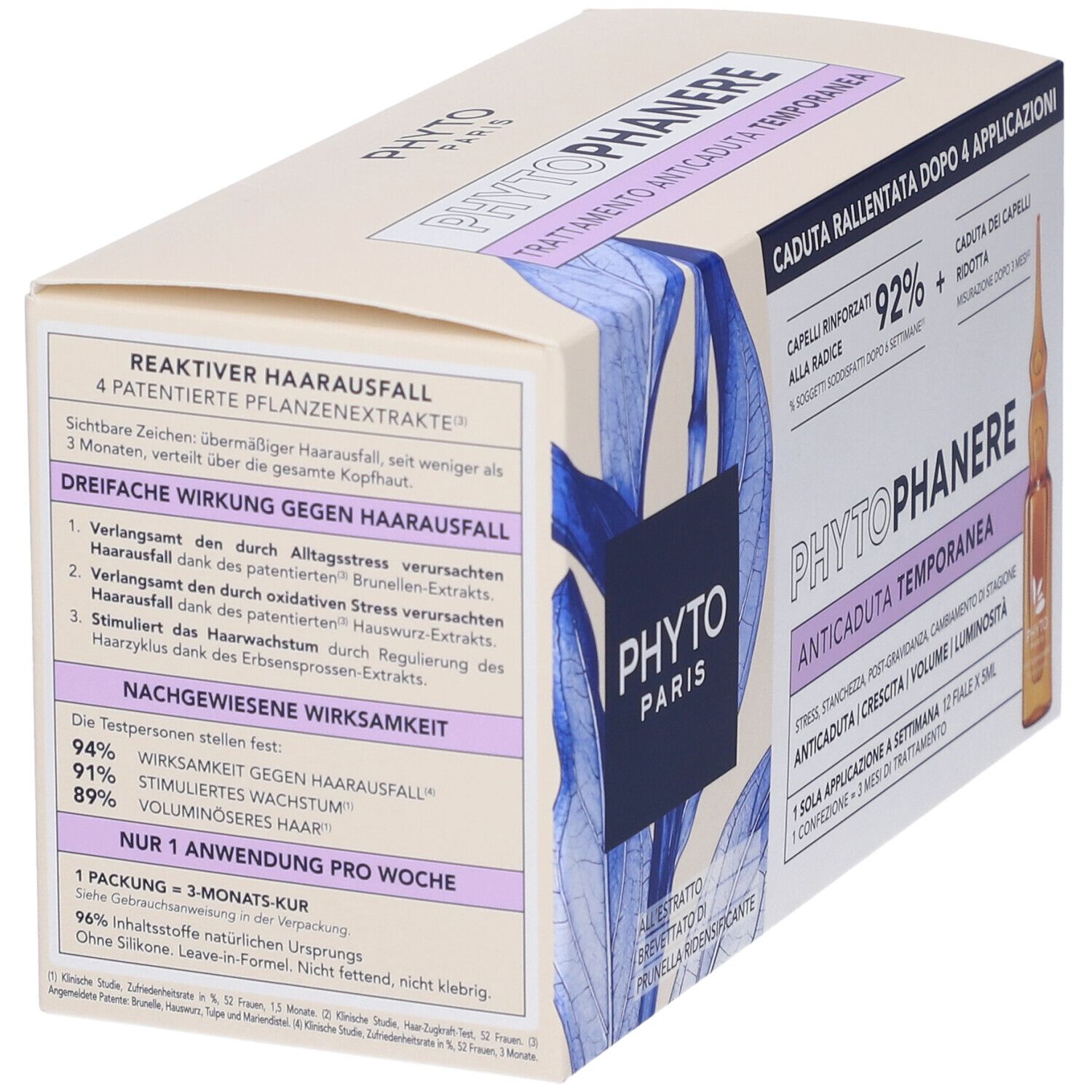 Confezione Phytophanere Anticaduta Reactionnelle Fiale. Testo: Phytophanere, Caduta capelli reattiva. 4 estratti vegetali.