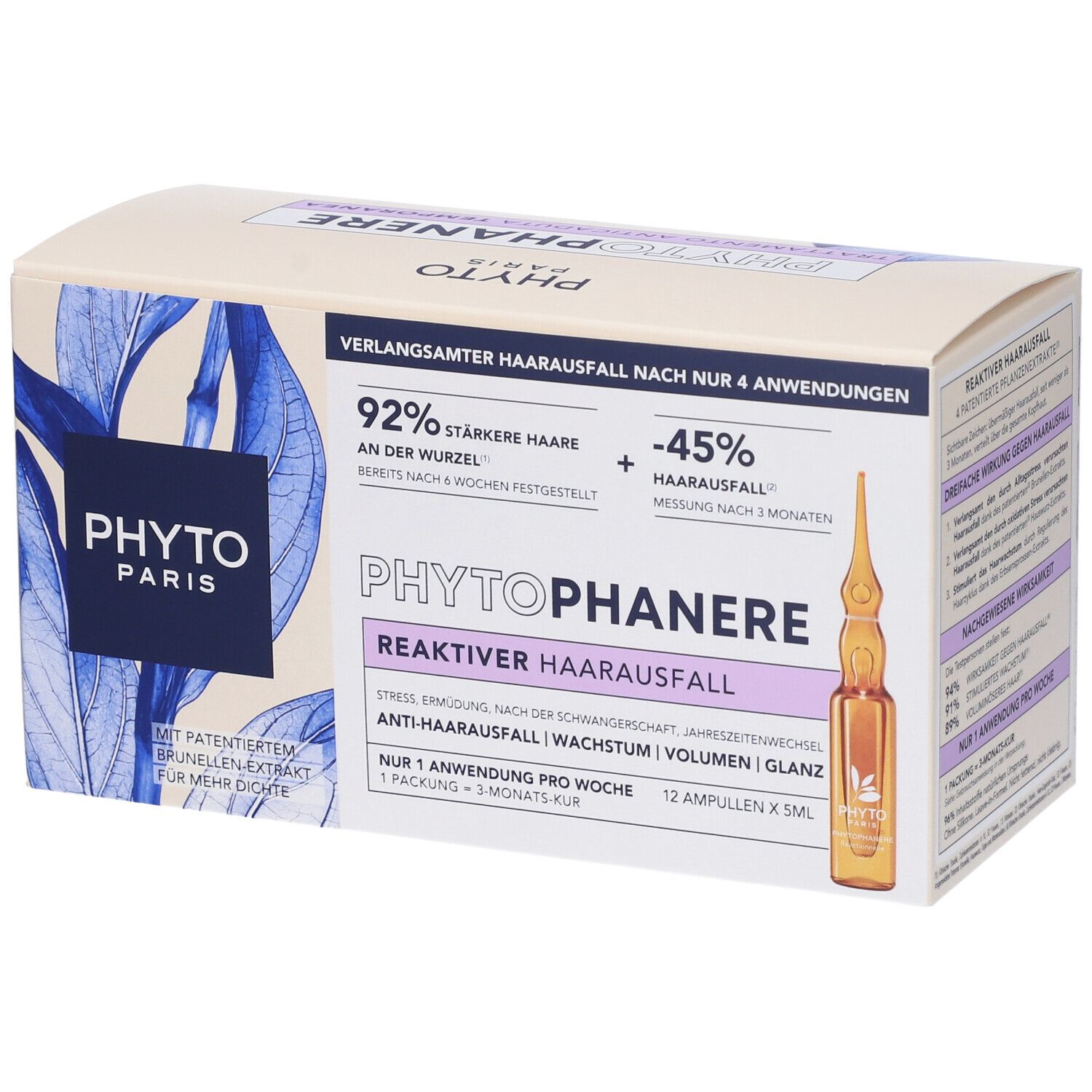 Confezione di Phytophanere Anticaduta Reactionnelle Fiale. Ampolla visibile. Testo: Phytophanere, Caduta capelli reattiva.