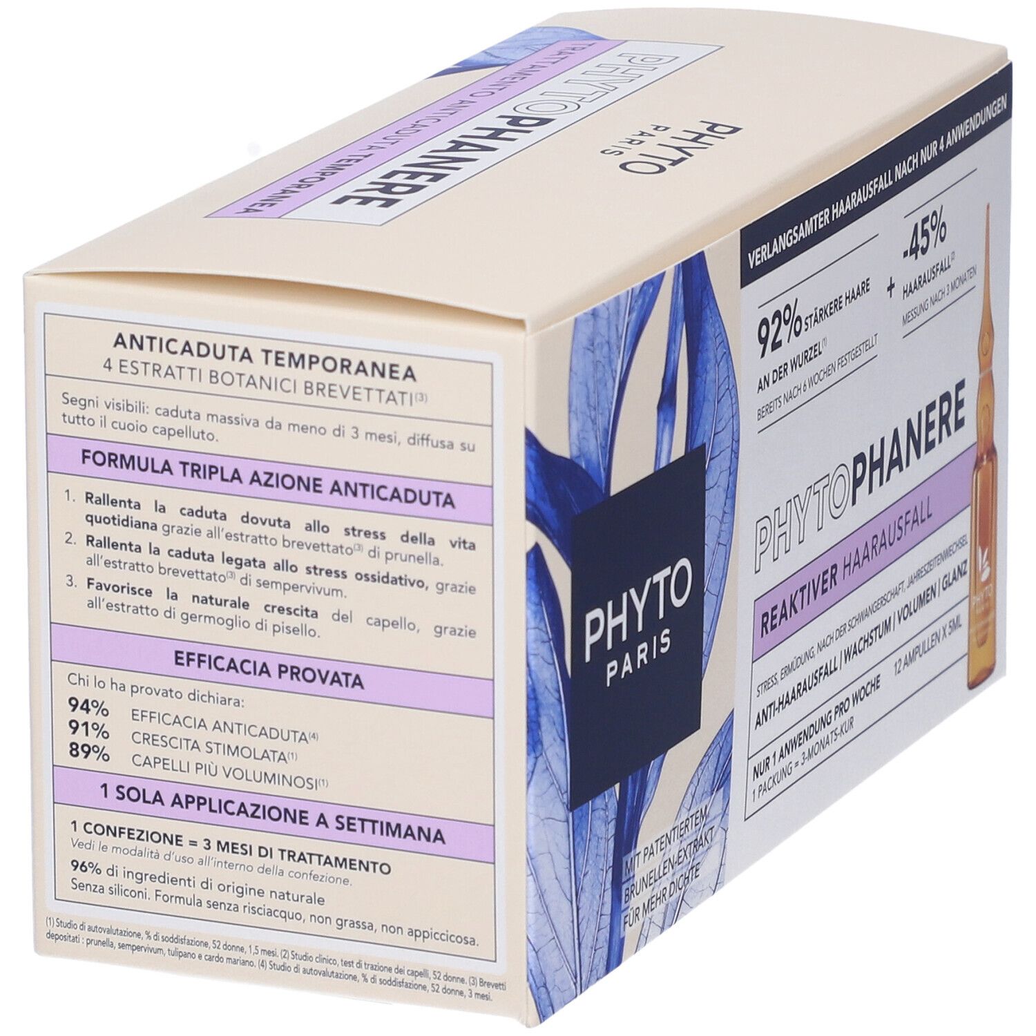 Confezione Phytophanere Anticaduta Reactionnelle Fiale. Testo: Phytophanere, Caduta capelli reattiva. 4 estratti botanici.