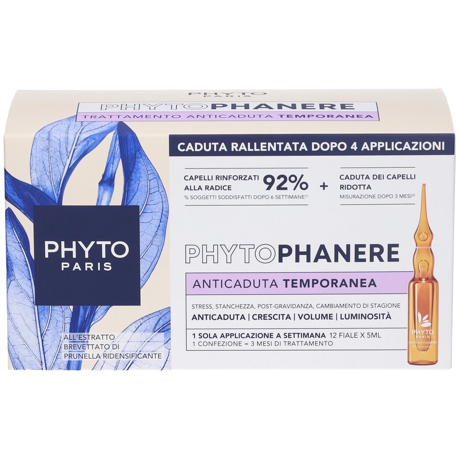 Confezione di Phytophanere Anticaduta Reactionnelle Fiale. Ampolla visibile. Testo: Phytophanere, Anticaduta Temporanea.