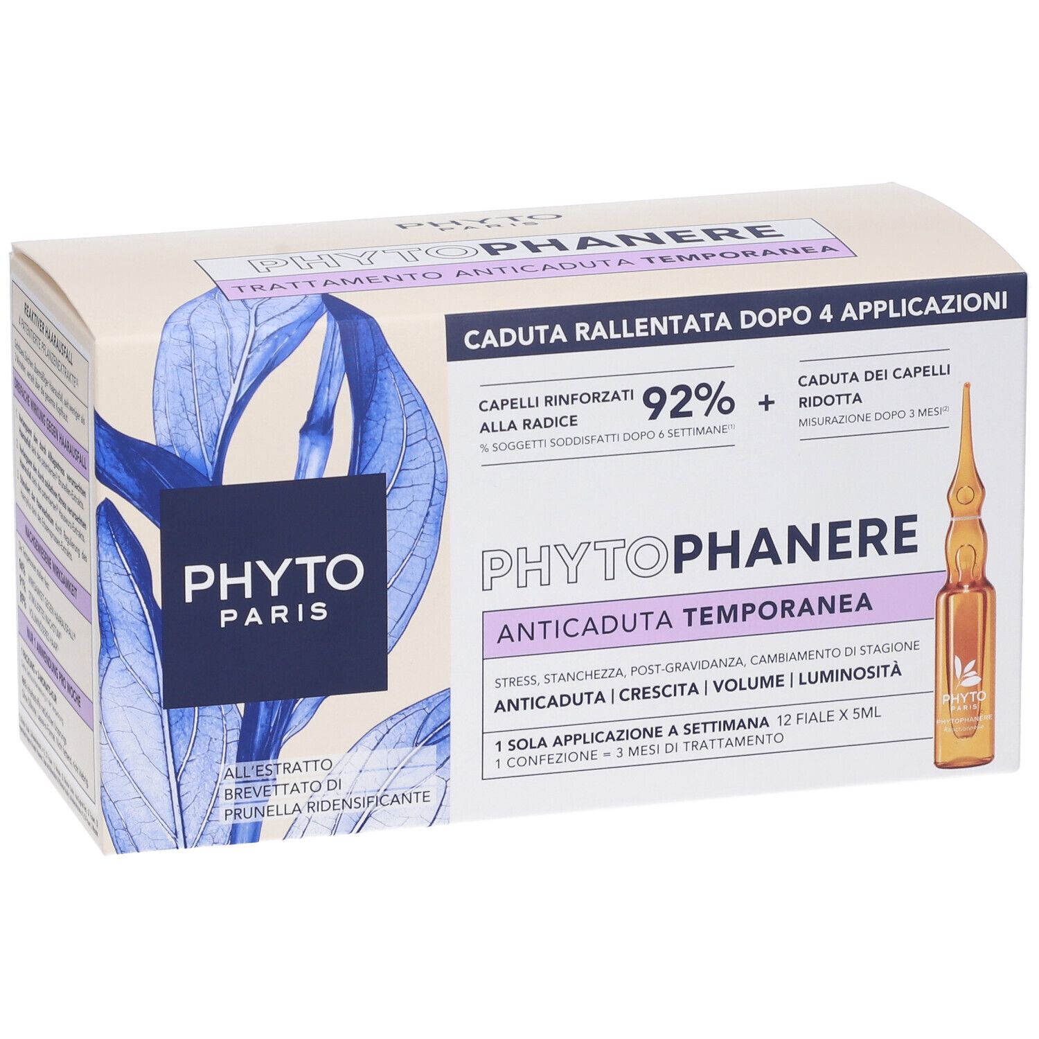 Confezione di Phytophanere Anticaduta Reactionnelle Fiale. Ampolla visibile. Testo: Phytophanere, Anticaduta Temporanea.