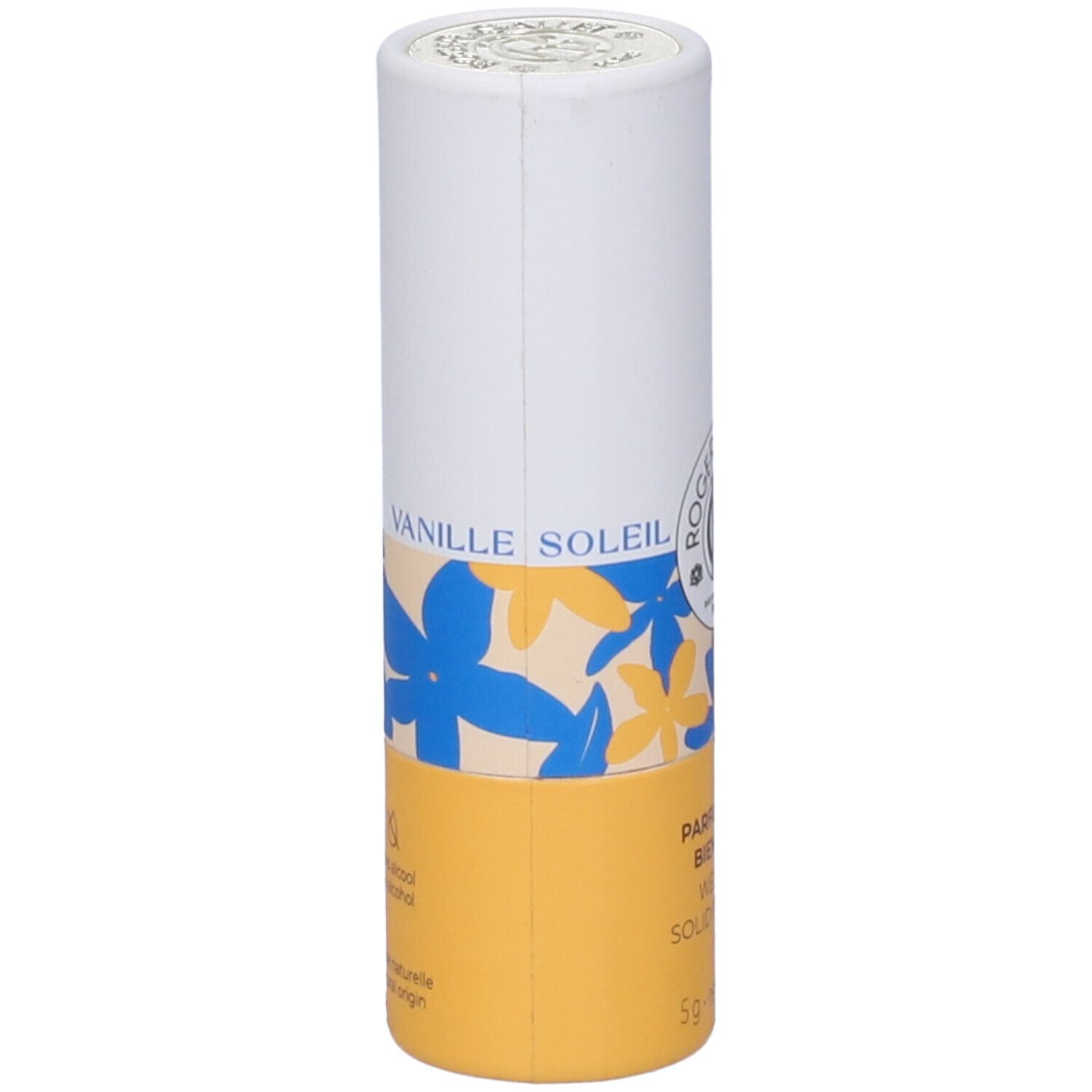 Confezione cilindrica. Coperchio bianco, corpo bianco con motivo floreale e base gialla. Testo: Vanille Soleil, Parfum Solide, 5g.