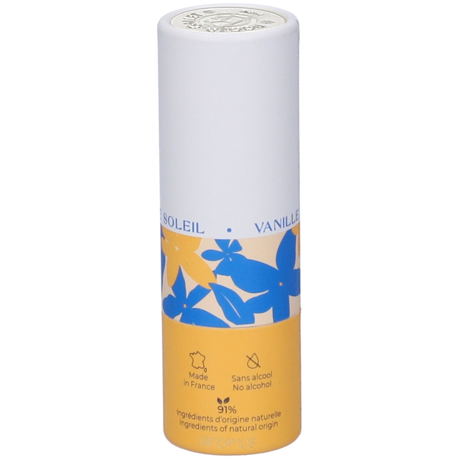 Confezione cilindrica. Coperchio bianco, corpo bianco con motivo floreale e base gialla. Testo: Vanille Soleil, 91% ingredienti di origine naturale.