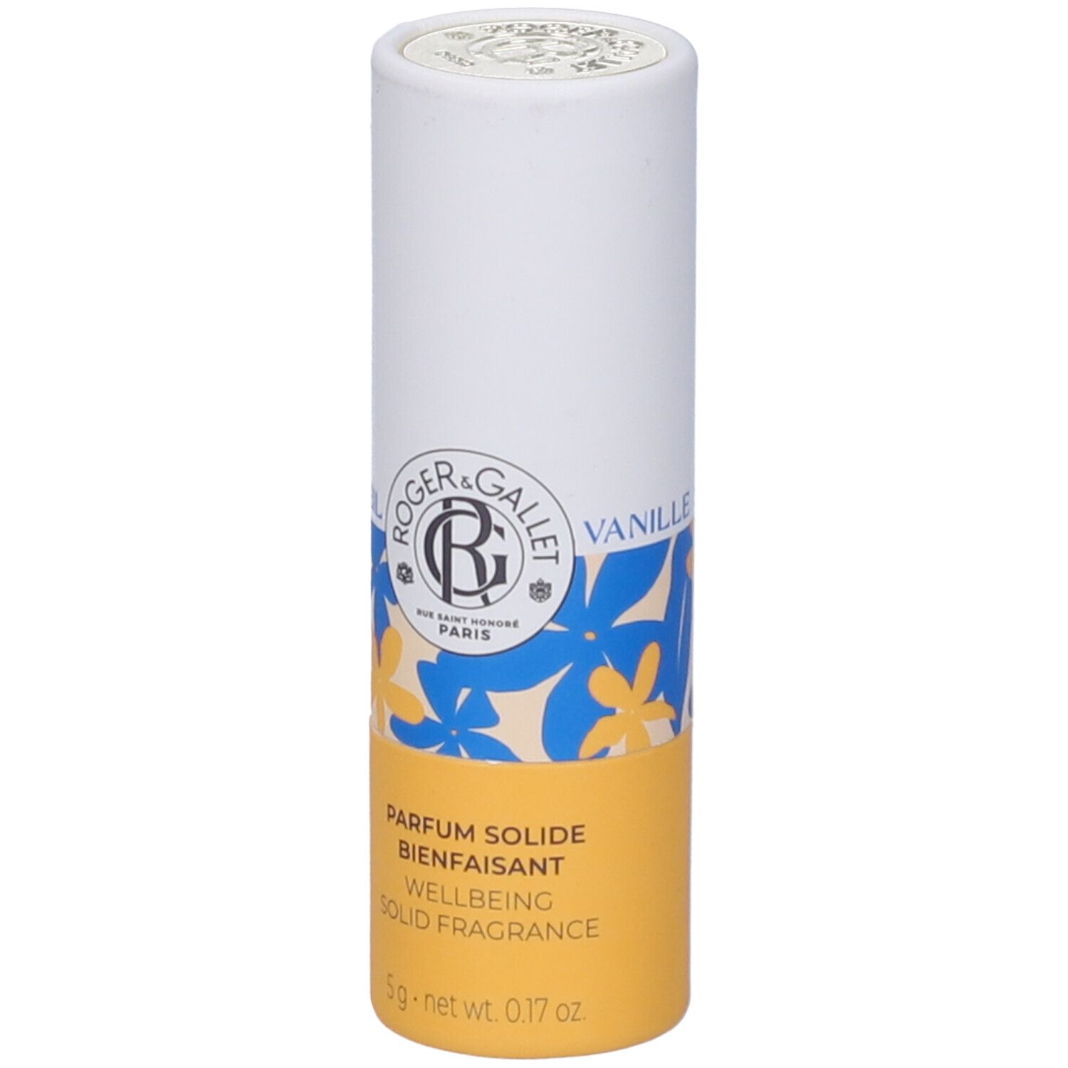 Confezione cilindrica. Coperchio bianco, corpo bianco con motivo floreale e base gialla. Testo: Roger & Gallet, Parfum Solide, 5g.