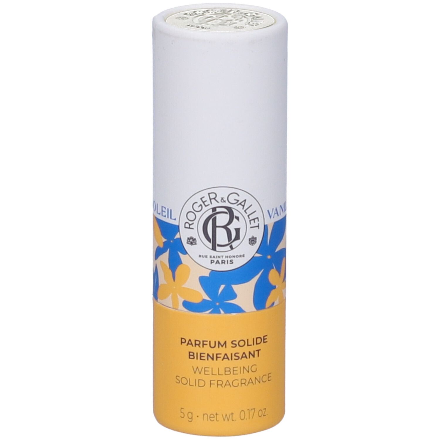 Confezione cilindrica. Coperchio bianco, corpo bianco con motivo floreale e base gialla. Testo: Roger & Gallet, Parfum Solide, 5g.