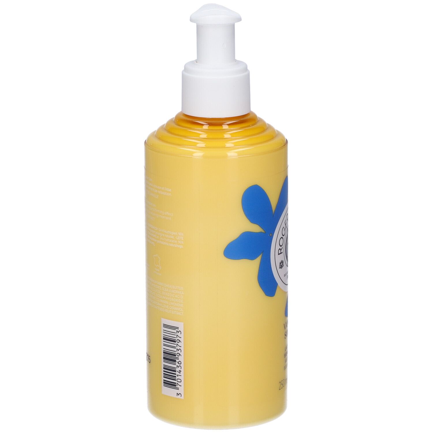 Flacone giallo con dosatore bianco. Retro con informazioni prodotto e codice a barre. Decorazione floreale blu.