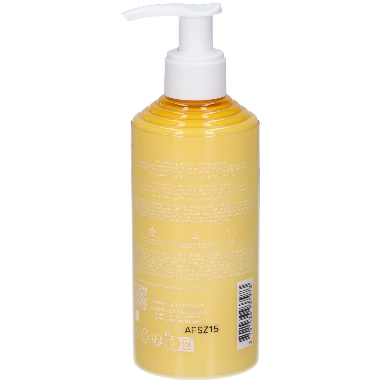 Flacone giallo con dosatore bianco. Retro con informazioni prodotto e loghi. Scritta: AFSZ15.
