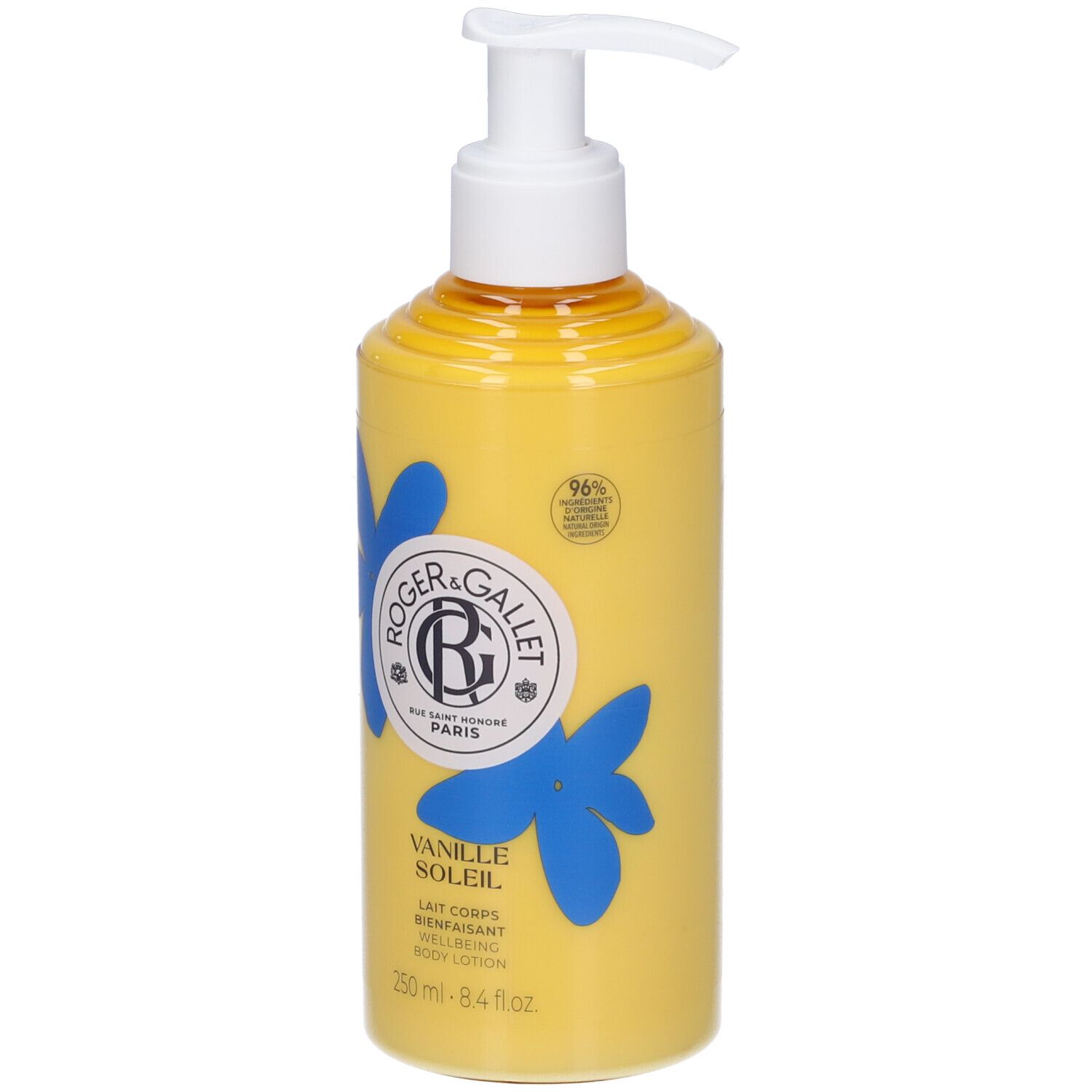 Flacone giallo con dosatore bianco. Scritta: Roger & Gallet, Vanille Soleil, Lait Corps Bienfaisant. Decorazione floreale blu.