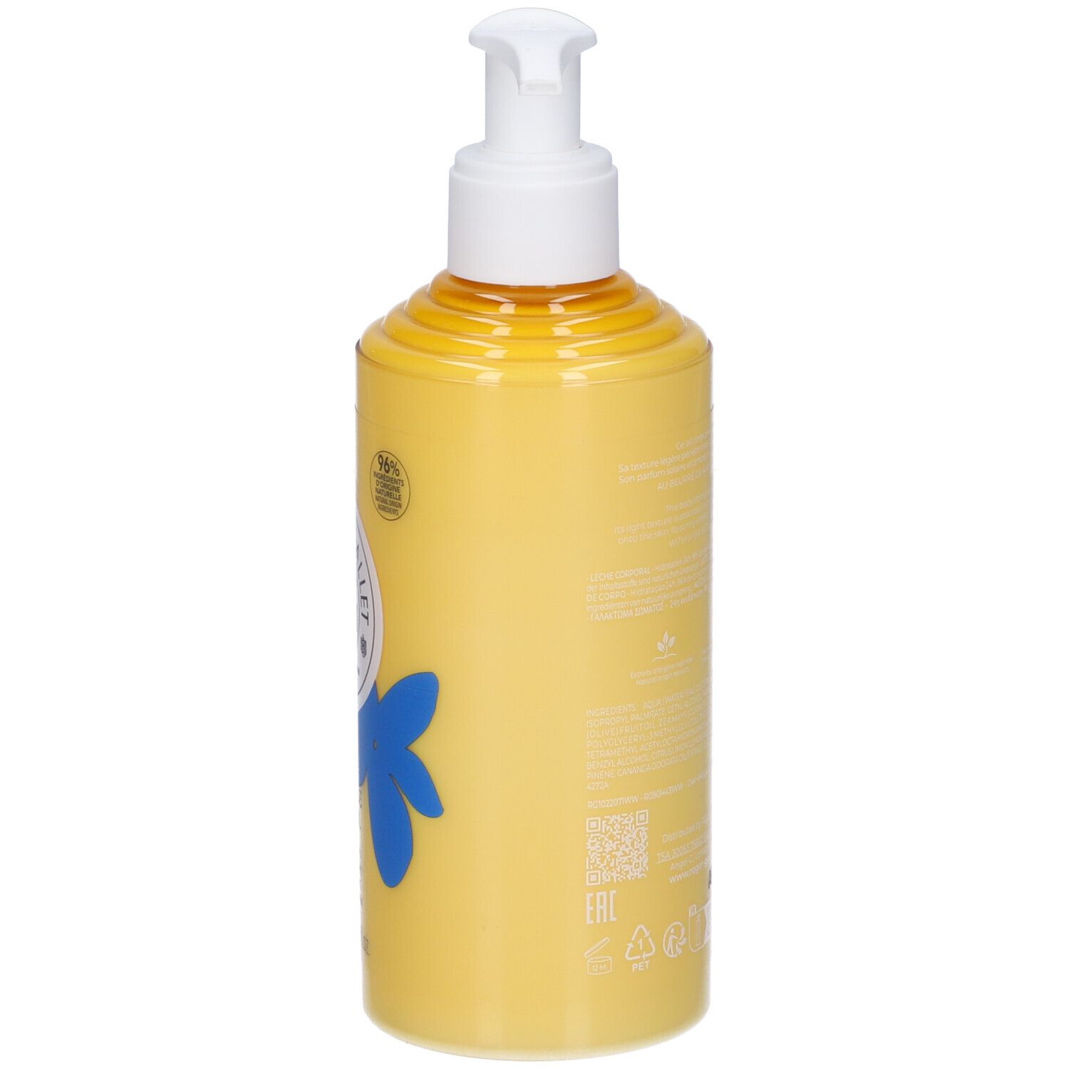 Flacone giallo con dosatore bianco. Retro con informazioni prodotto e loghi. Decorazione floreale blu.