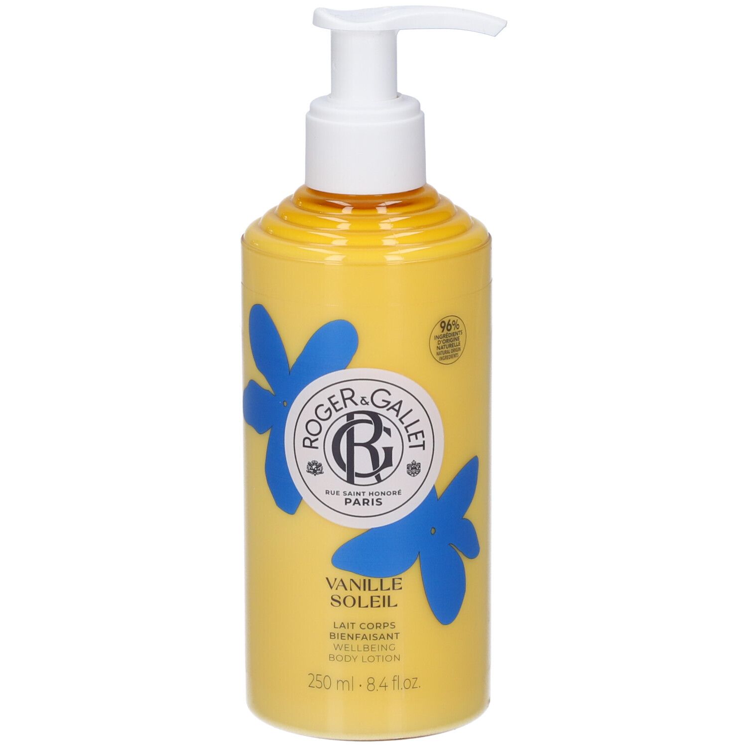 Flacone giallo con dosatore bianco. Scritta: Roger & Gallet, Vanille Soleil, Lait Corps Bienfaisant. Decorazione floreale blu.