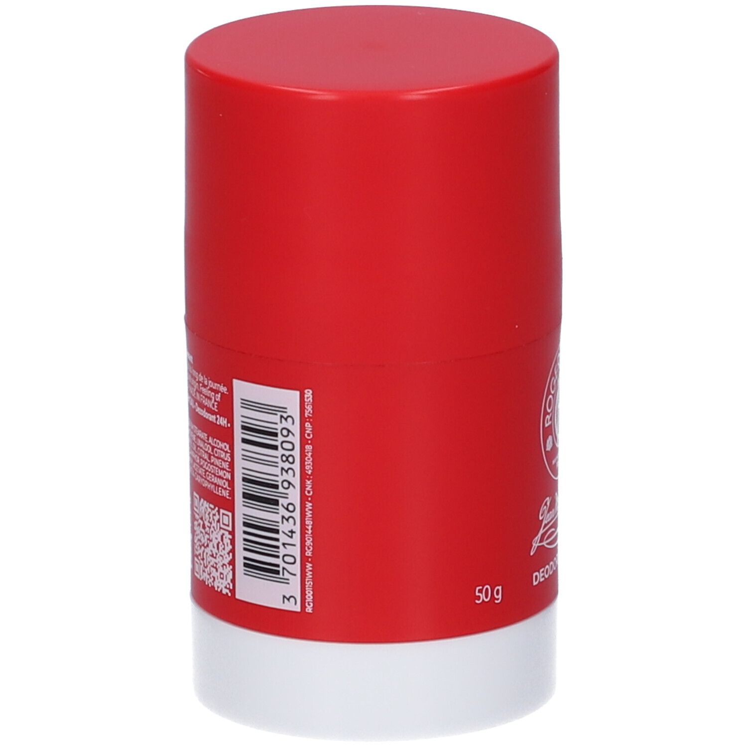 Deostick rosso e bianco con indicazione di 50g e codice a barre.