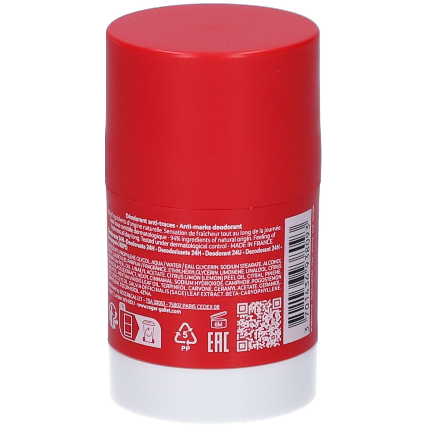 Deostick rosso e bianco con etichettatura e codice a barre.