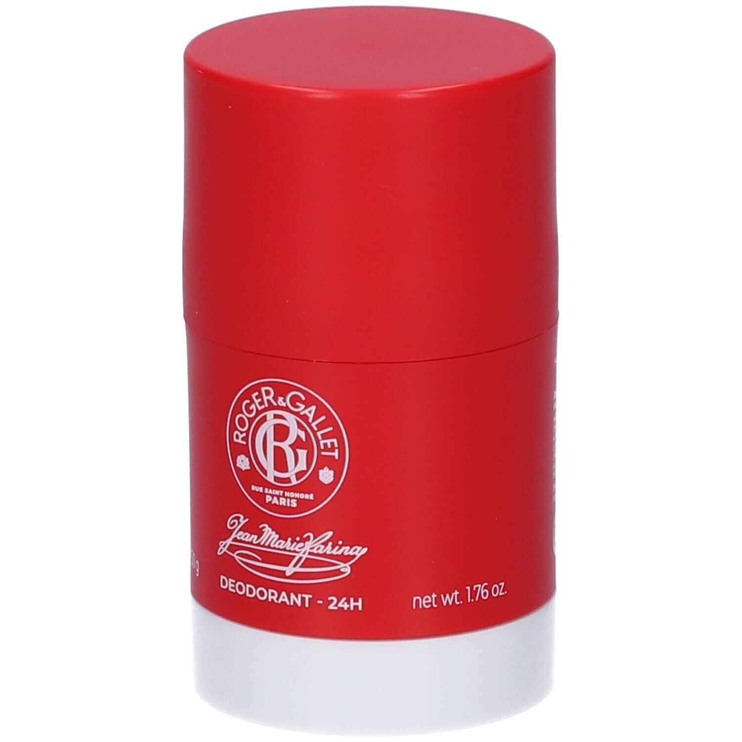 Deodorante stick rosso con base bianca. Roger & Gallet Jean Marie Farina Deodorant - 24H.