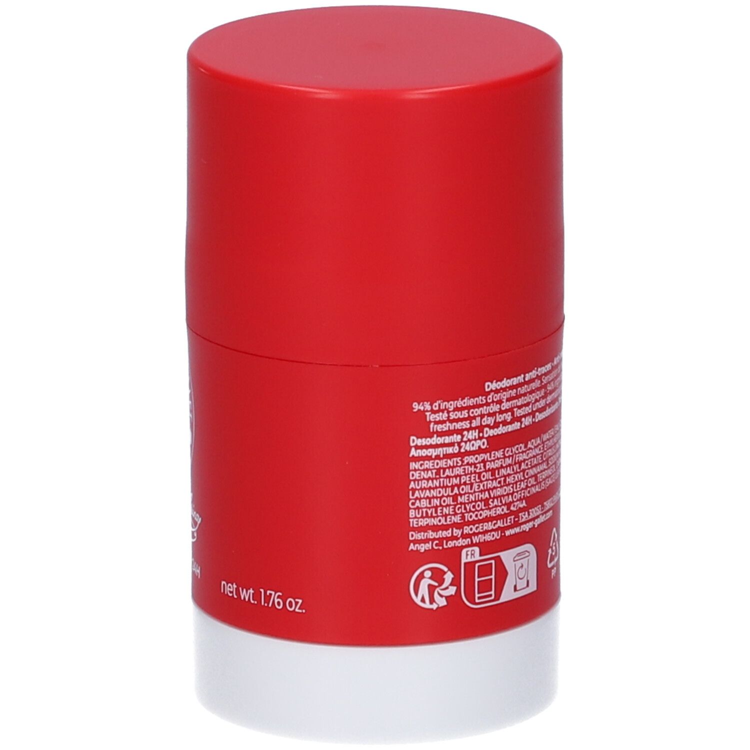 Deodorante stick rosso con base bianca. Contiene 94% ingredienti naturali. Peso netto 1,76 oz.
