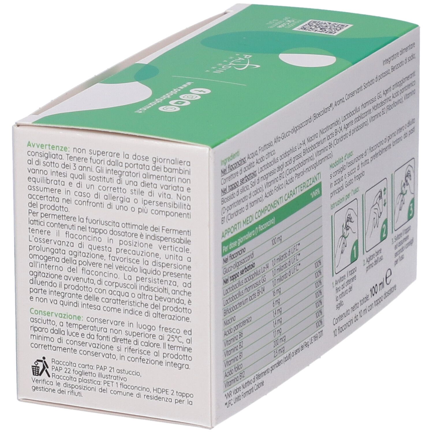 Vista laterale della confezione Lactofer Fermenti Bambini. Contiene avvertenze, ingredienti e istruzioni per l'uso.
