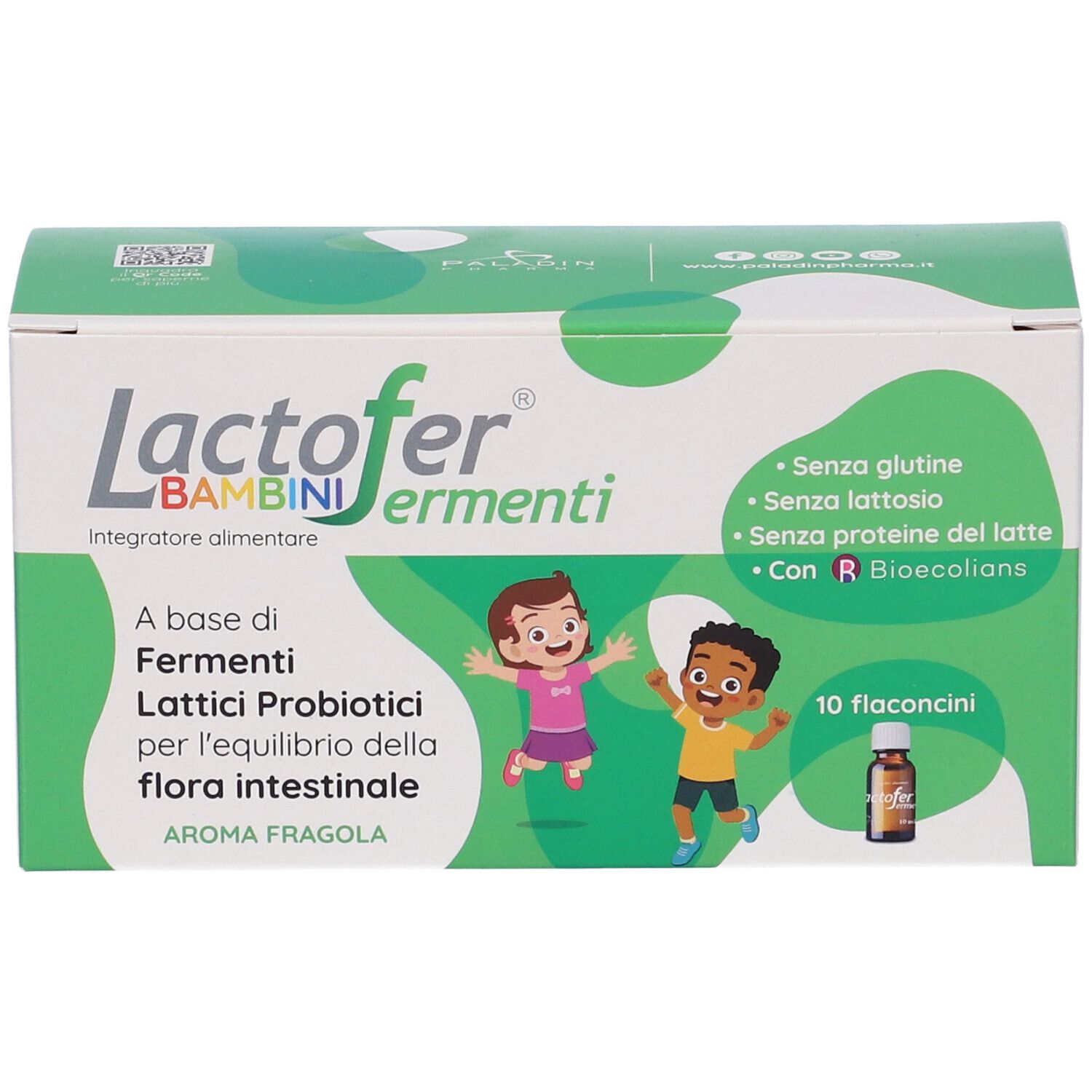 Confezione di Lactofer Fermenti Bambini. Nome del prodotto, illustrazioni di bambini e 10 flaconcini visibili.