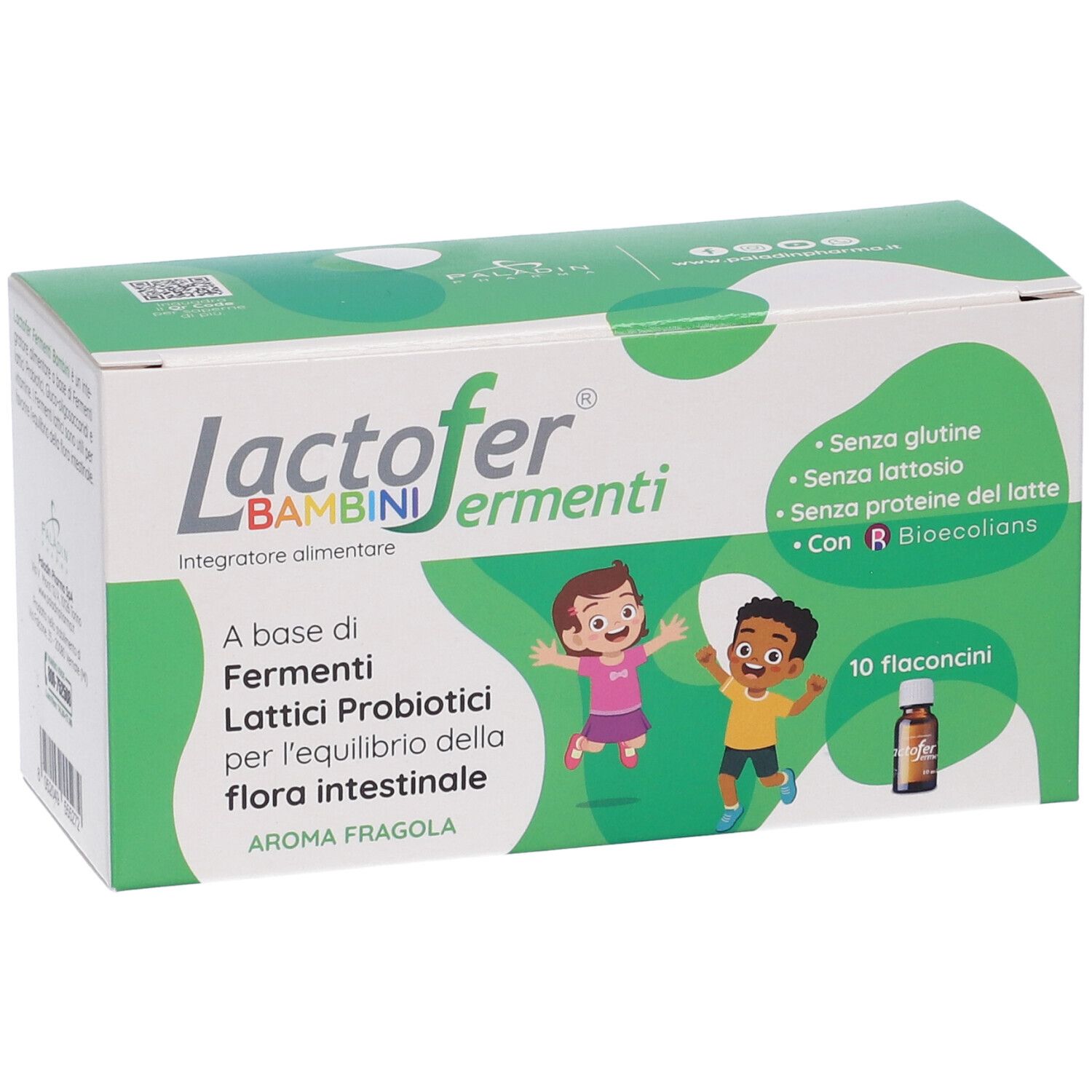 Confezione di Lactofer Fermenti Bambini. Nome del prodotto, illustrazioni di bambini e 10 flaconcini visibili.