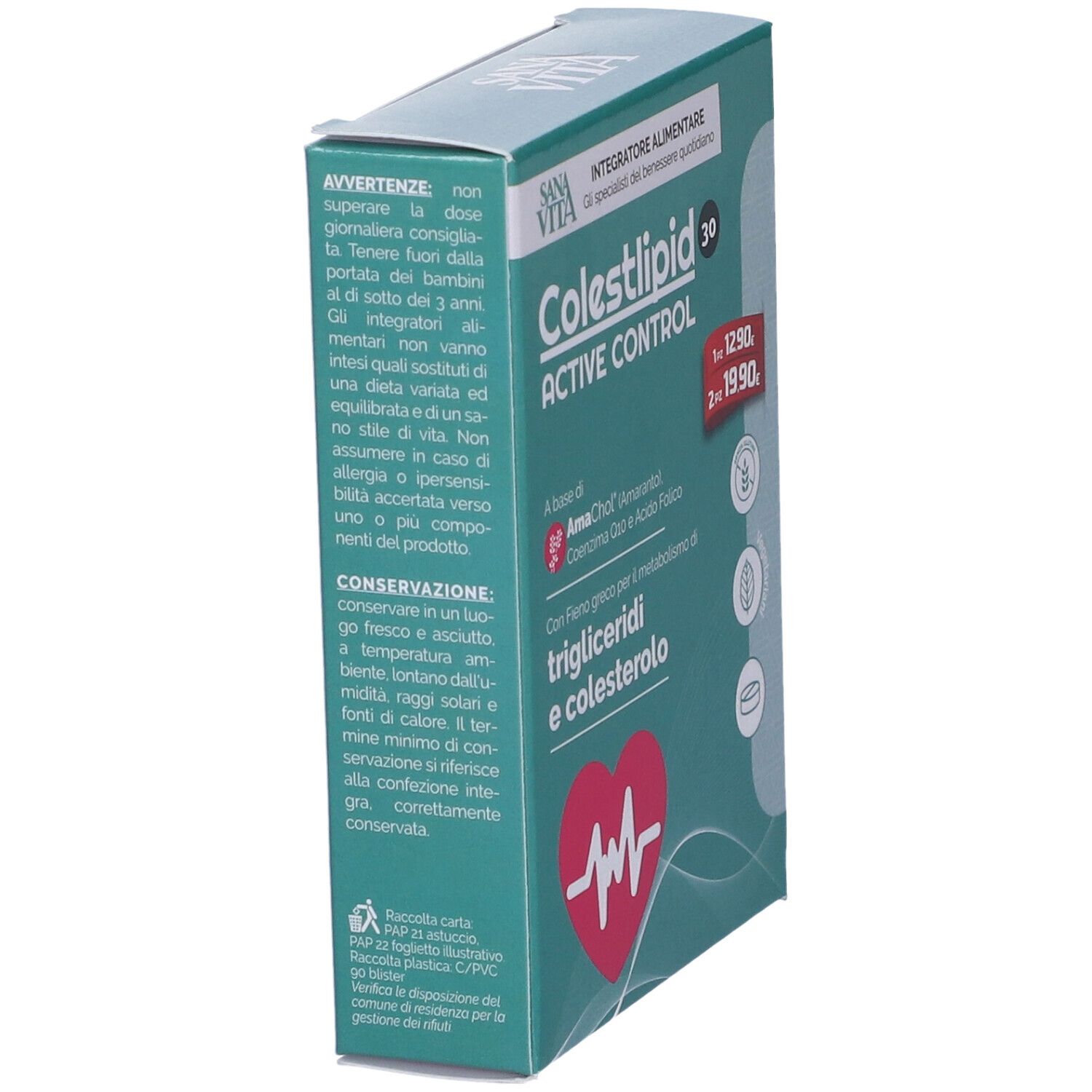 Scatola SANAVITA COLESTLIPID ACT 30CPR. Testo: Avvertenze, ingredienti, COLESTLIPID ACTIVE CONTROL. Verde e bianca.