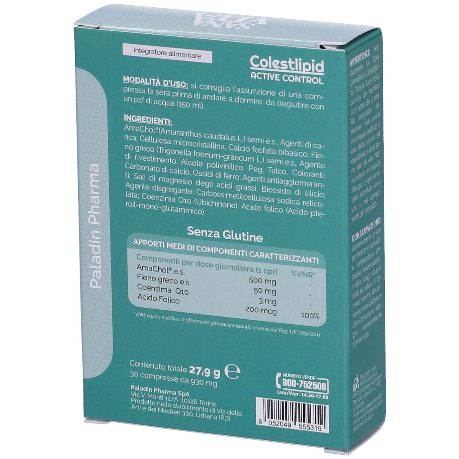 Scatola SANAVITA COLESTLIPID ACT 30CPR. Testo: Ingredienti, informazioni nutrizionali, senza glutine. Verde e bianca.
