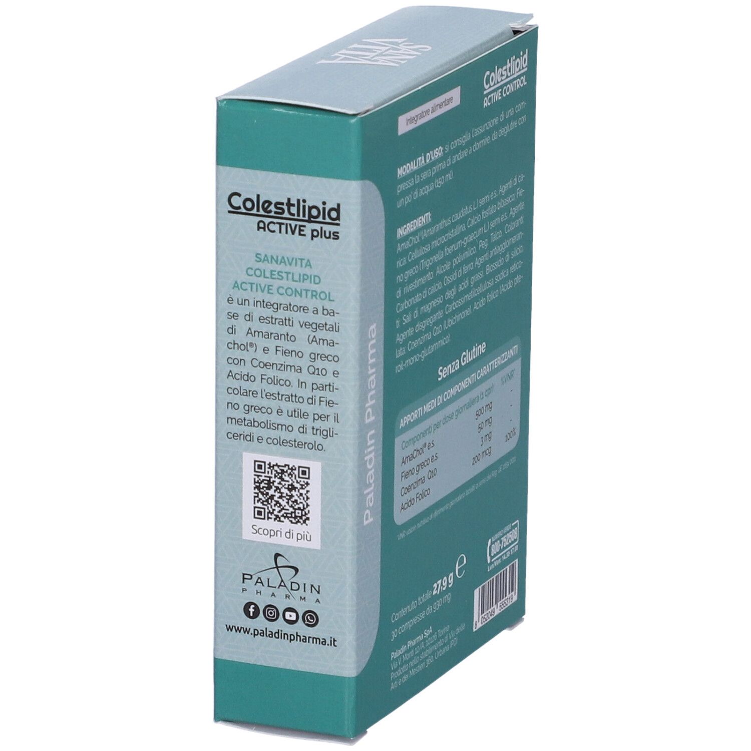 Scatola SANAVITA COLESTLIPID ACT 30CPR. Testo: COLESTLIPID ACTIVE PLUS, ingredienti, senza glutine. Verde e bianca.