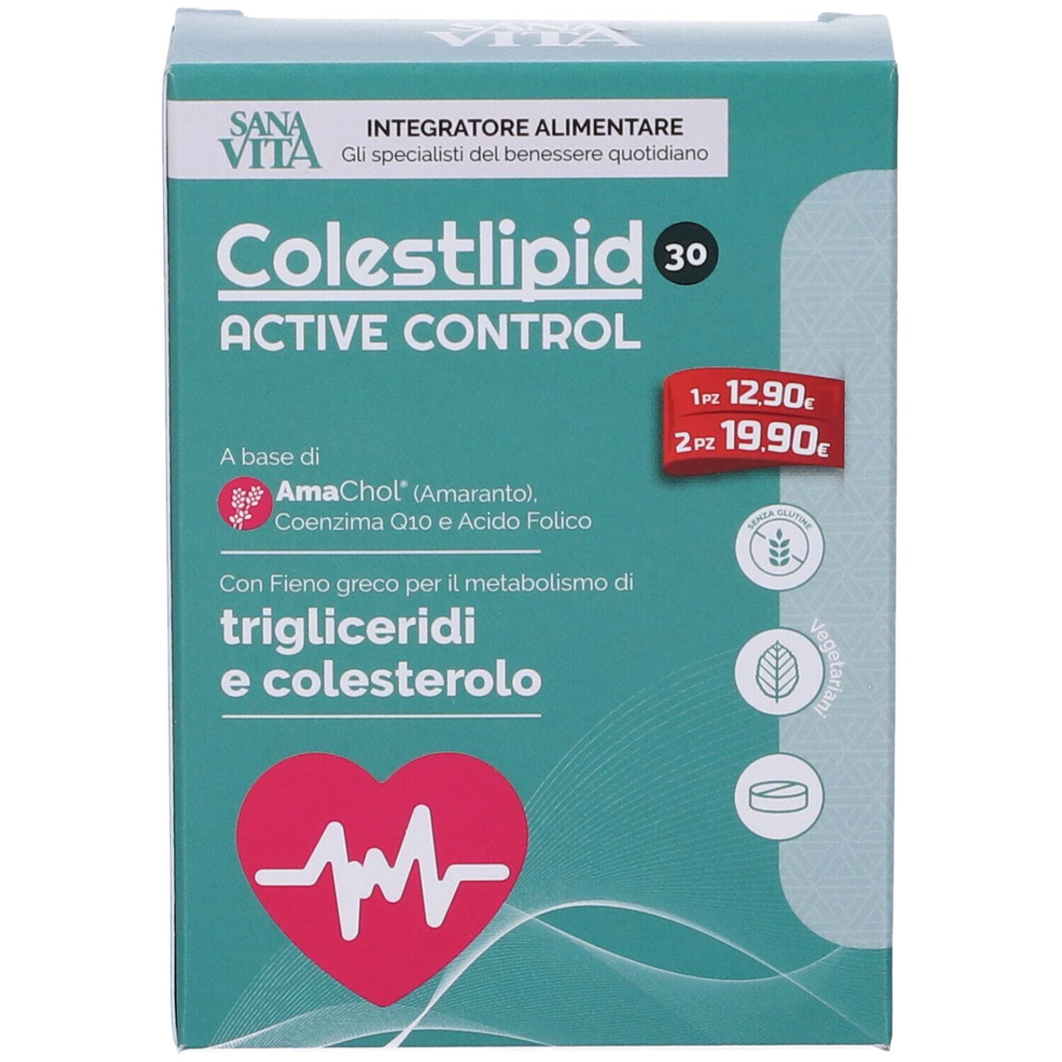Scatola SANAVITA COLESTLIPID ACT 30CPR. Verde e bianca. Testo: COLESTLIPID ACTIVE CONTROL, simbolo cuore. Prezzi.