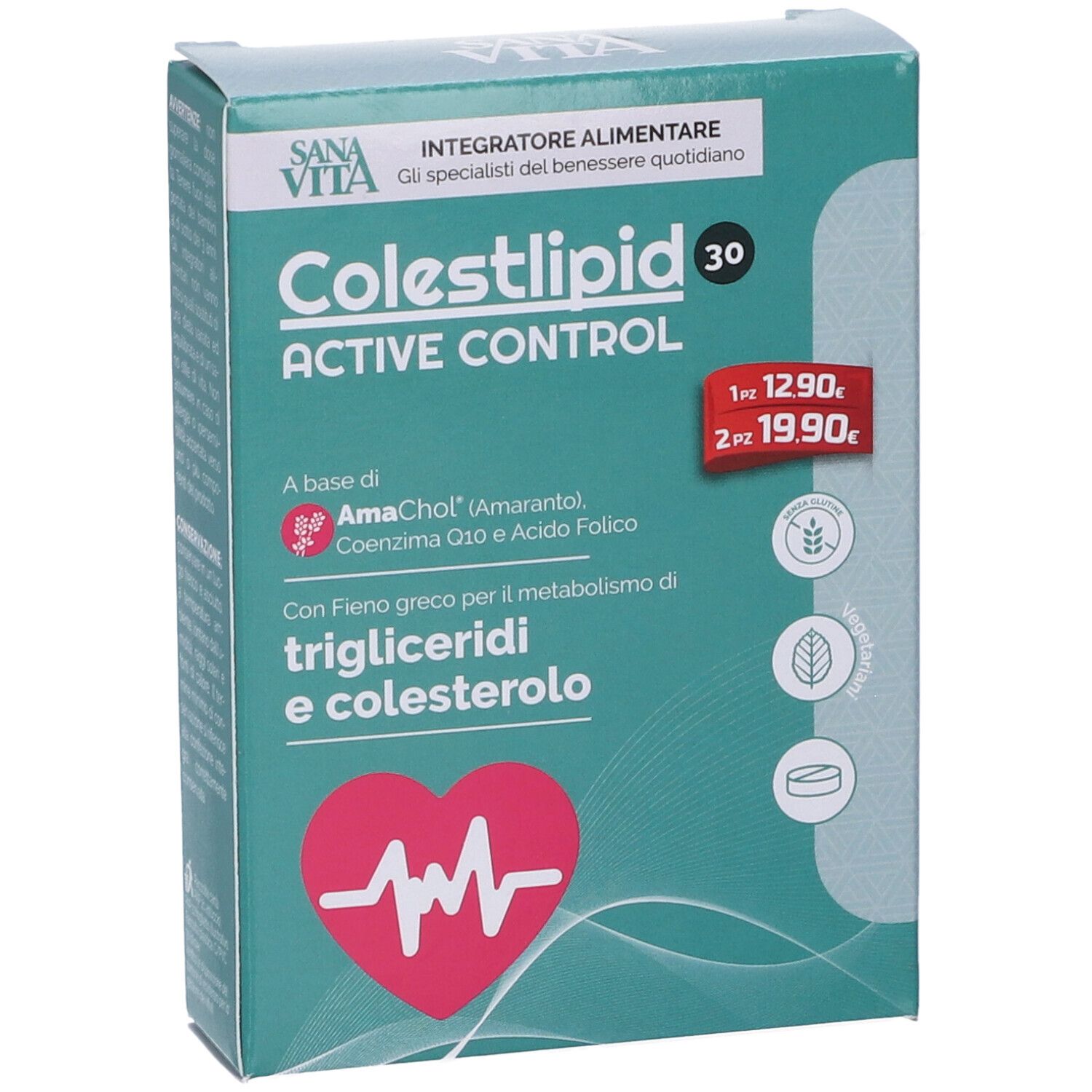 Scatola SANAVITA COLESTLIPID ACT 30CPR. Verde e bianca. Testo: COLESTLIPID ACTIVE CONTROL, simbolo cuore. Prezzi.