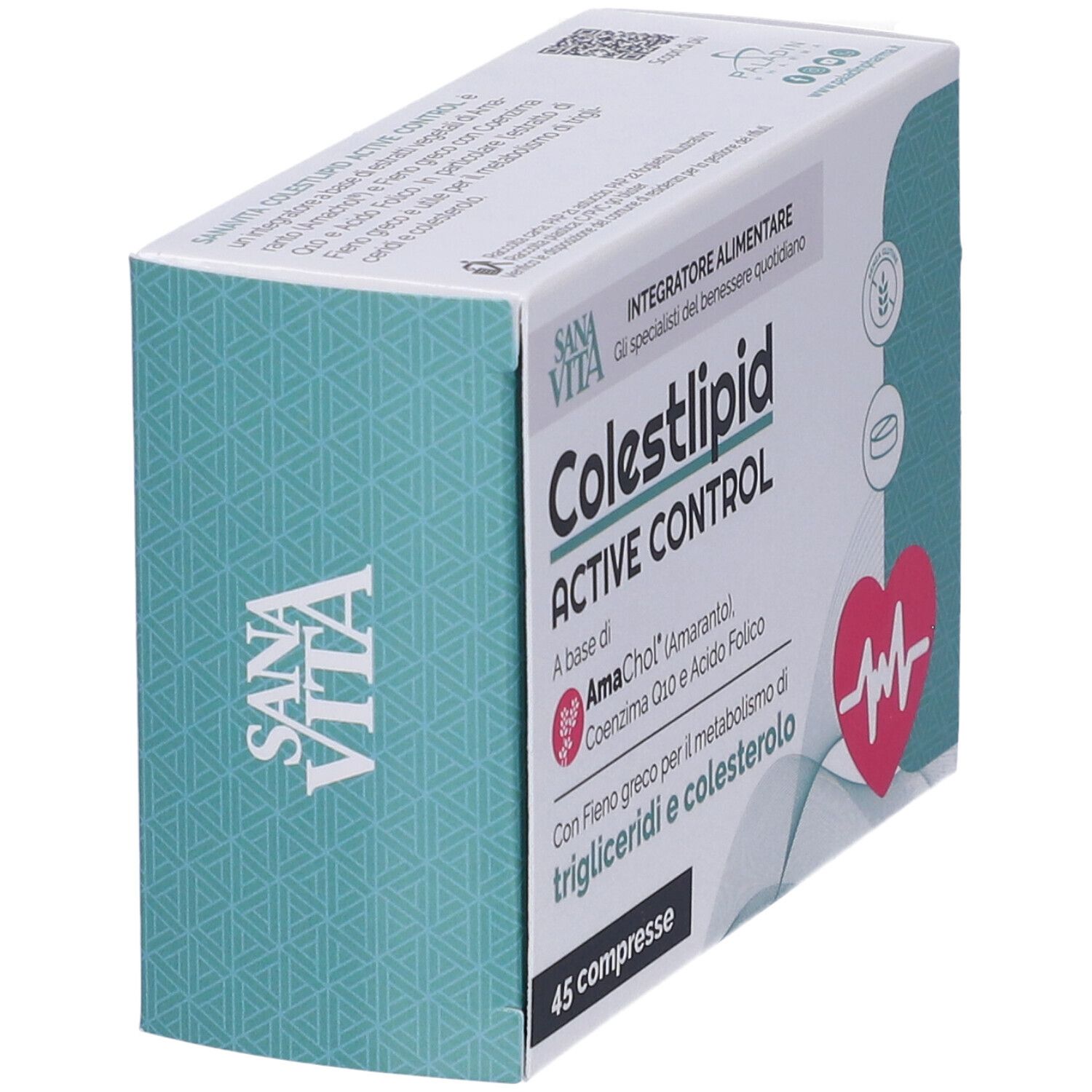Scatola SANAVITA Colestlipid Active Control. Vista angolare. Lato turchese con logo.