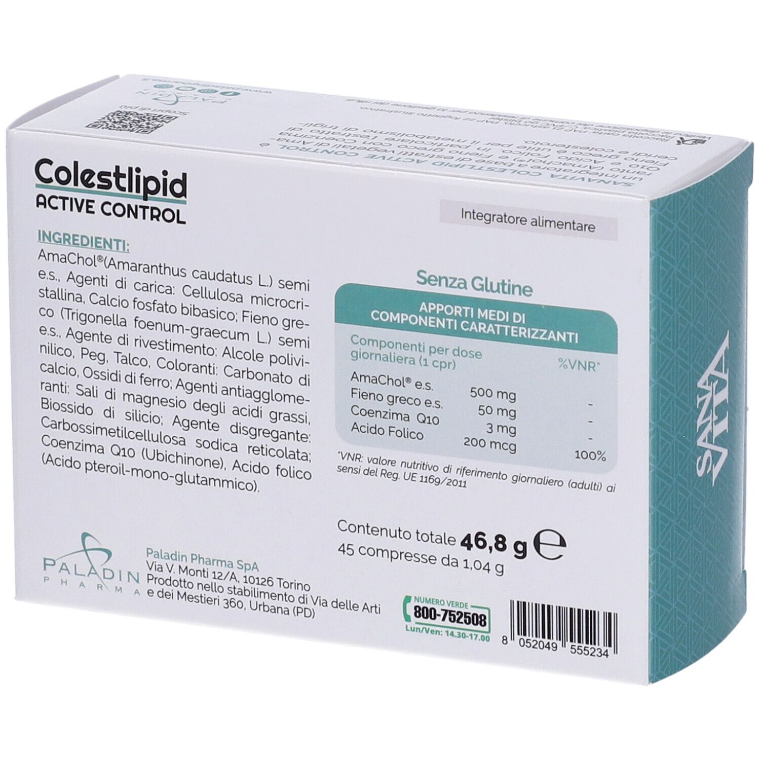 Retro della scatola SANAVITA Colestlipid Active Control. Elenco ingredienti e informazioni nutrizionali.