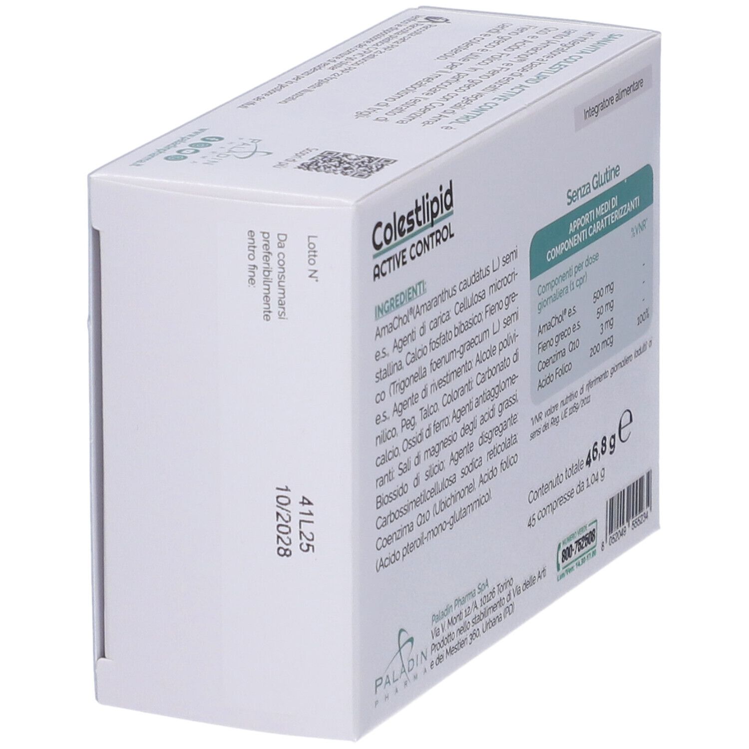 Retro della scatola SANAVITA Colestlipid Active Control. Elenco ingredienti e informazioni nutrizionali. Scadenza.