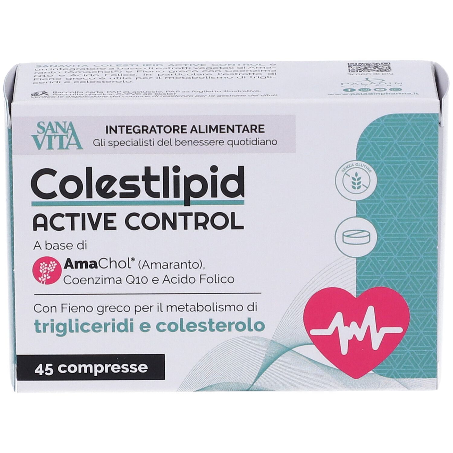 Scatola SANAVITA Colestlipid Active Control. Contiene 45 compresse. Grafica cuore e informazioni prodotto.